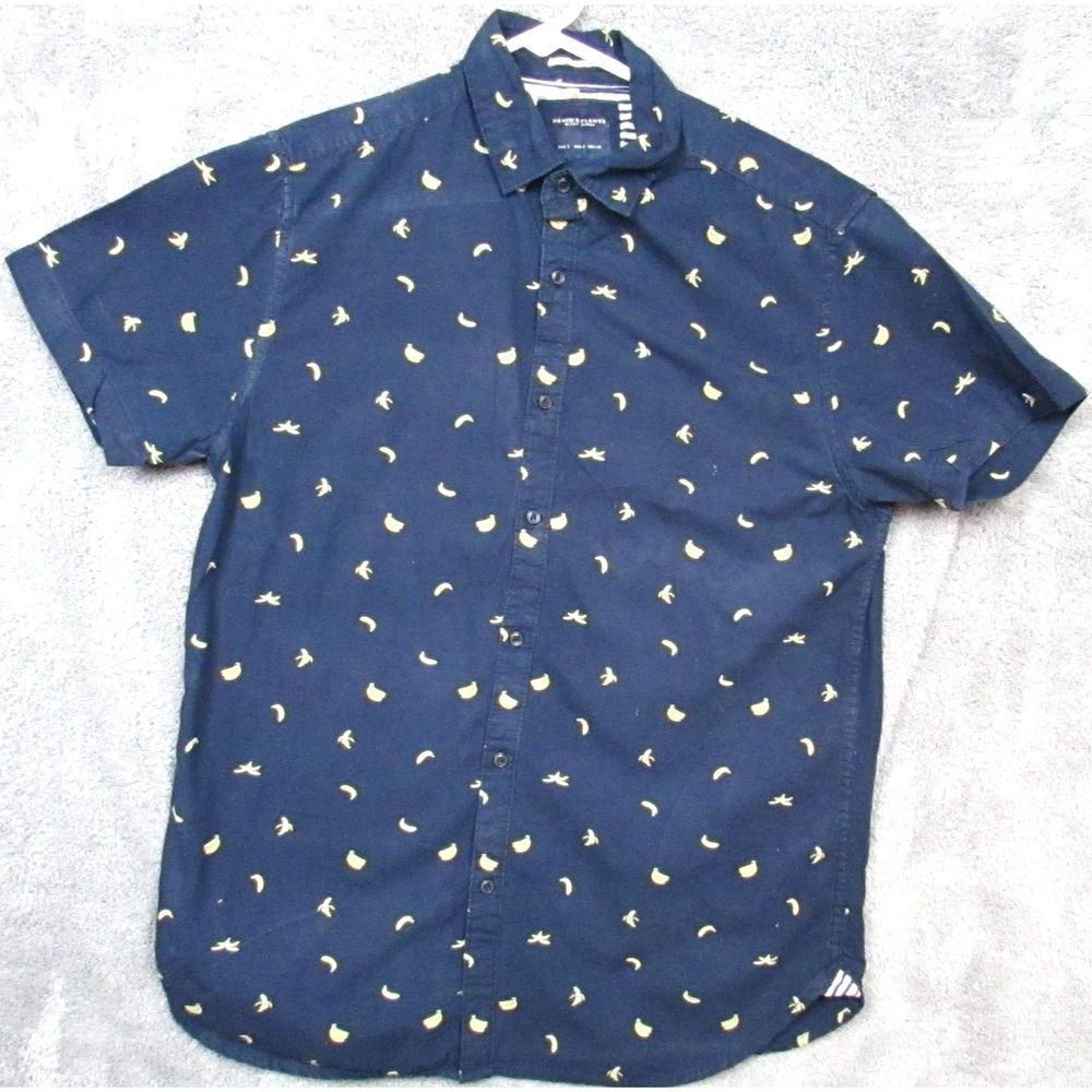 Denim & Flower Ricky Singh Shirt Mens Small Navy Banana Button‎ Up Short Sleeve